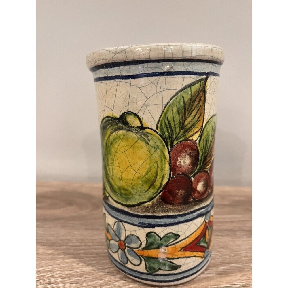 Hand painted Mexico Art Vase Floral Fruit Handmade Ceramic Pottery Heavy 5-1/2"
